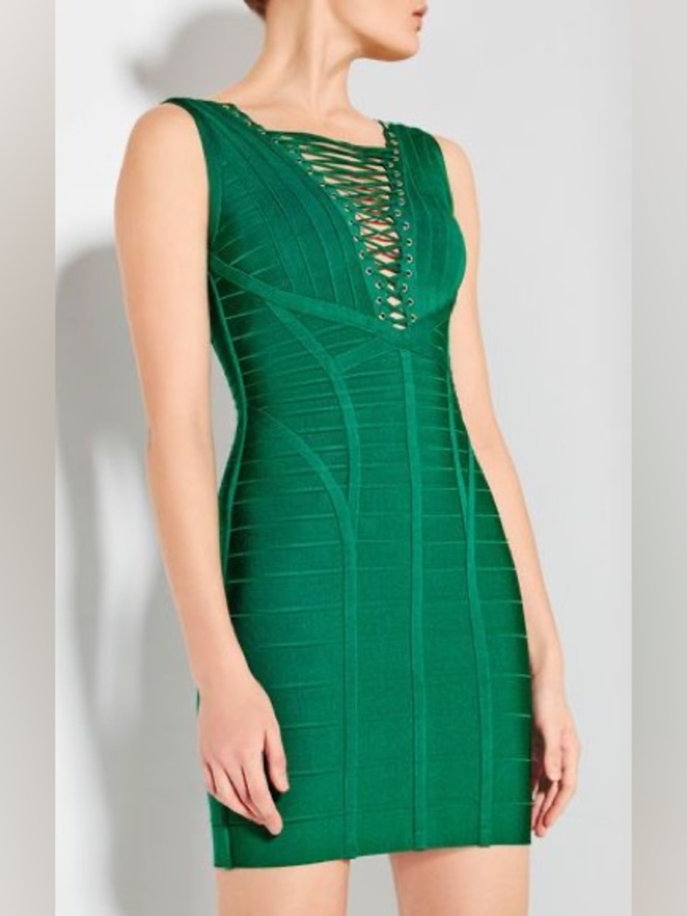 Hervé Léger Ceylin Lace Scallop Metal Eyelets Dress in Pine Green XS